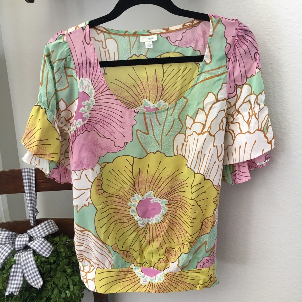 Anthro Odille Silk Ruffle Sleeve blouse Size 10